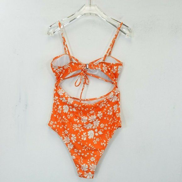 Women's Orange One Piece Swimsuit SMALL Floral Strappy Draw-String‎ Cut Out - Picture 7 of 11